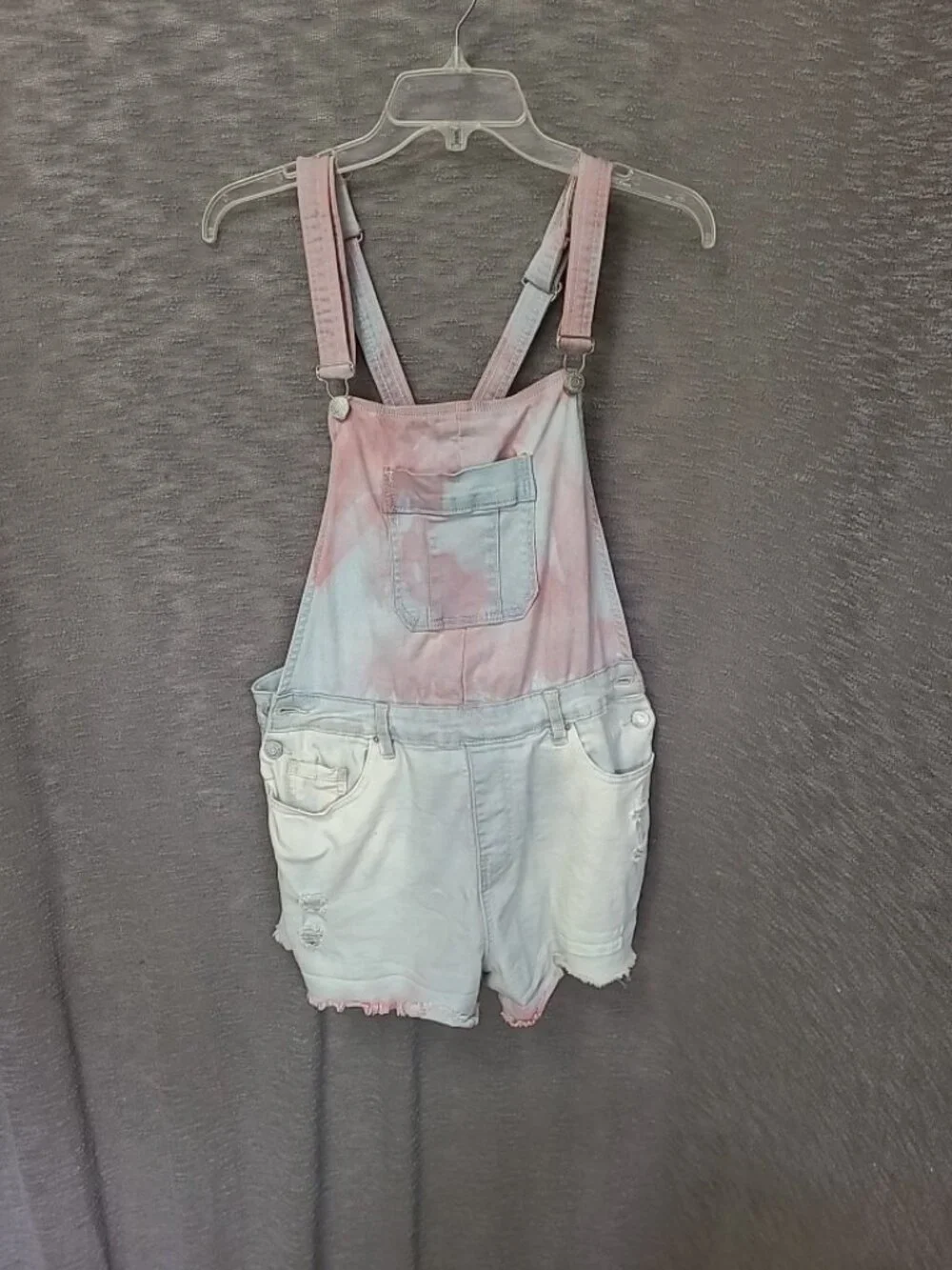 YMI Stretch Denim Shorts Bib Overalls Size 7 Tie Dye Rainbow Pink Blue Y2K Baggy